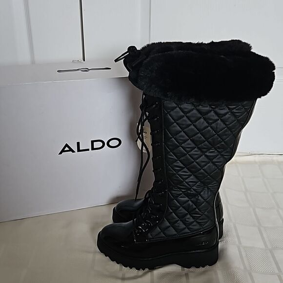 Aldo Women's Laralima Tall Quilted Lace-Up Faux Fur Trim Waterproof Boots 6 Blac - Picture 3 of 16